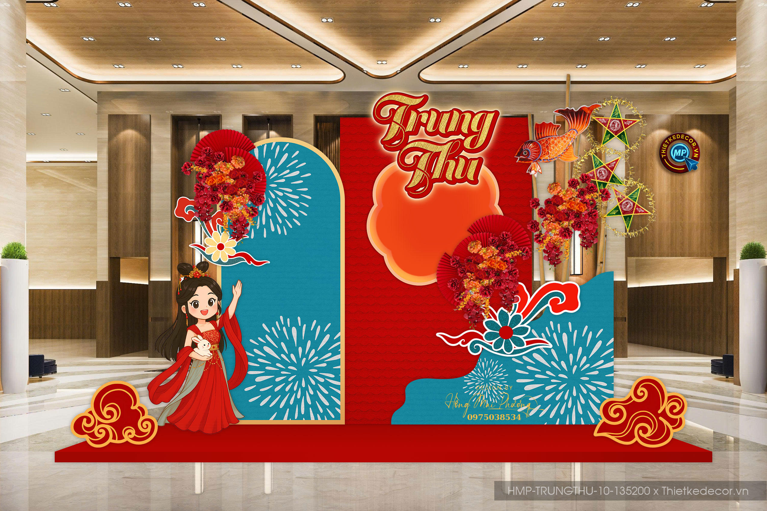 Trung thu tone đỏ mix xanh cổ vịt. Trang trí Trung Thu đại sảnh Mall, Chung cư, Nhà Hàng, Khách Sạn Sang trọng